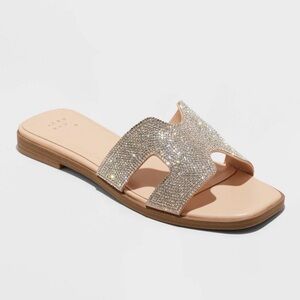 A New Day Nina Rhinestone Flat Sandals, Silver, Open Toe, Slip on, size 8 1/2